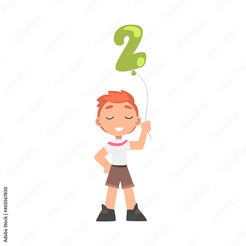 Cute Boy Holding Green Balloon Shaped as 2 Number Cartoon Style Vector Illustration Cute Boy Holding Green Balloon Shaped as 2 Number Cartoon Style Vector Illustration