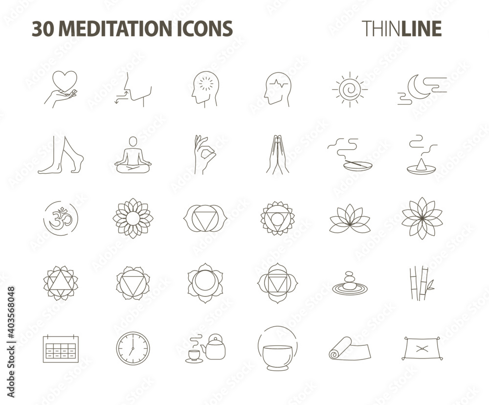 meditation 30 icons set-Pictograms with editable stroke meditation 30 icons set-Pictograms with editable stroke