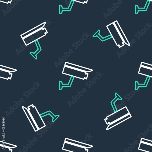 Line Security camera icon isolated seamless pattern on black background. Vector.