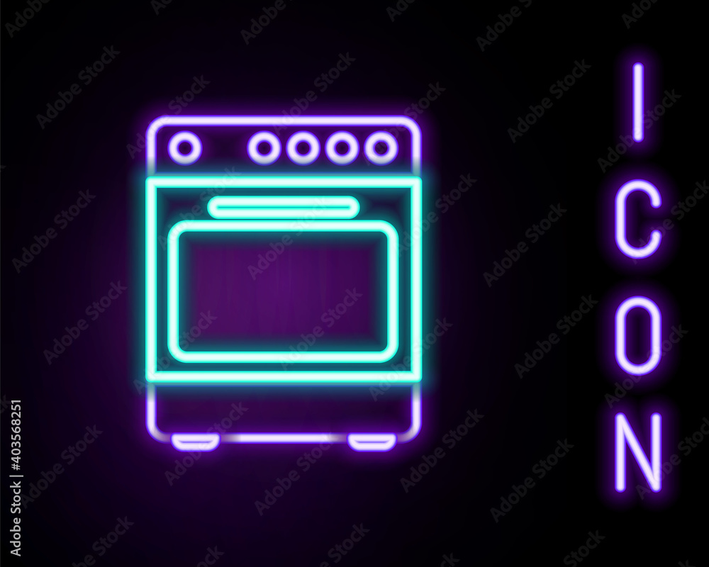 Glowing neon line Oven icon isolated on black background. Stove gas oven sign. Colorful outline concept. Vector. Glowing neon line Oven icon isolated on black background. Stove gas oven sign. Colorful outline concept. Vector.