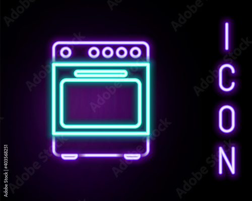 Glowing neon line Oven icon isolated on black background. Stove gas oven sign. Colorful outline concept. Vector.