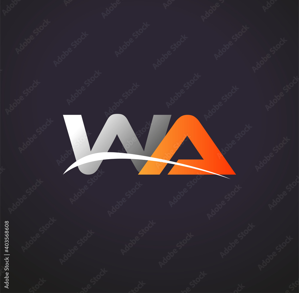Wa. Name initial letter WA logotype company name colored grey and orange swoosh ...