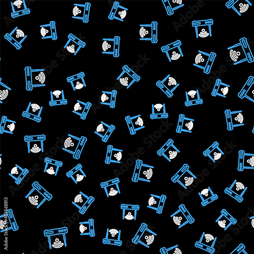 Line Router and wi-fi signal symbol icon isolated seamless pattern on black background. Wireless ethernet modem router. Computer technology internet. Vector.