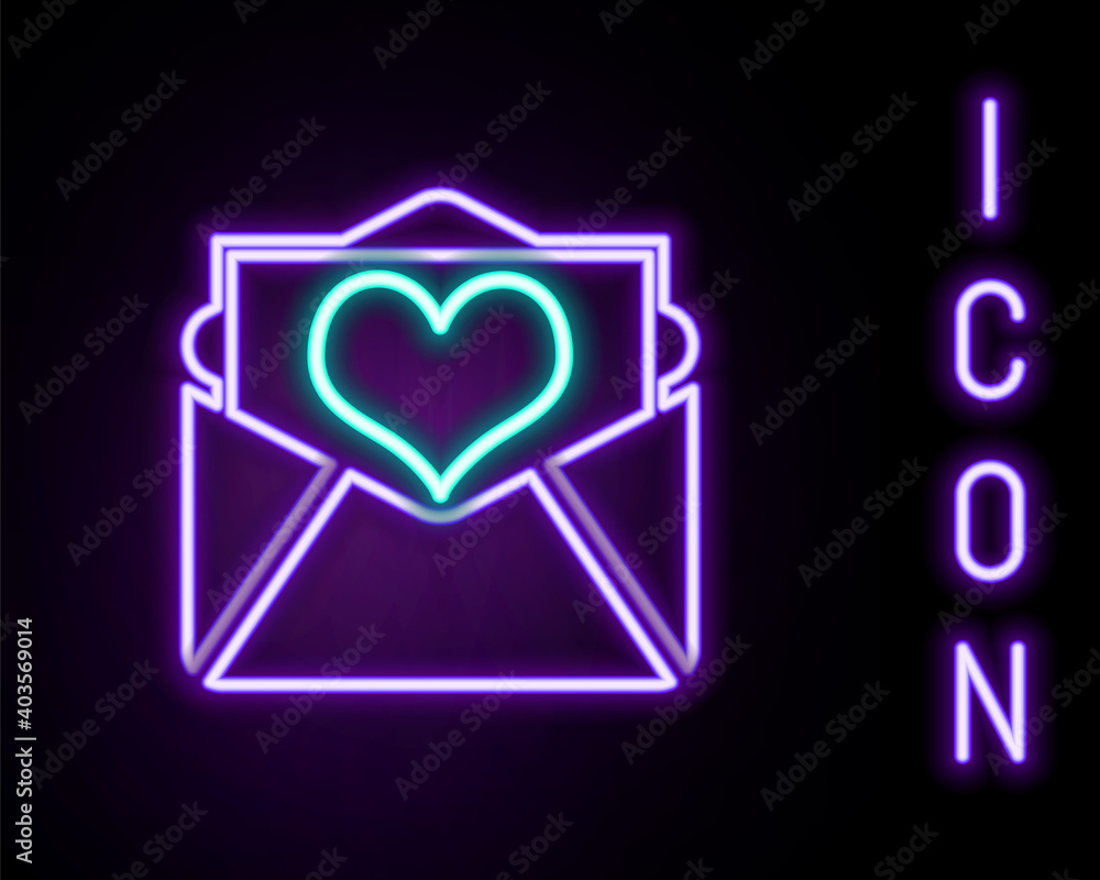 Glowing neon line Envelope with Valentine heart icon isolated on black background. Letter love and romance. Colorful outline concept. Vector. Glowing neon line Envelope with Valentine heart icon isolated on black background. Letter love and romance. Colorful outline concept. Vector.