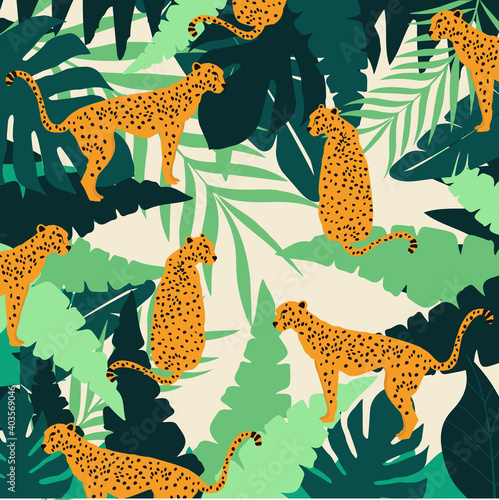 Leopards and tropical leaves poster background vector illustration. Trendy wildlife pattern