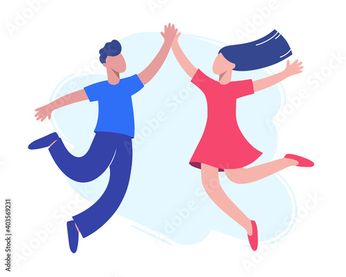 Young happy happy couple happily jumping. The concept of feelings and emotions. Vector illustration in the style of flat design.