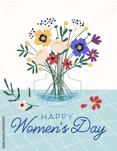 Graphic design of postcard for 8 March with Happy Women's Day inscription. Vertical greeting card with wild flower bouquet in vase and place for text. Colorful flat vector illustration photo