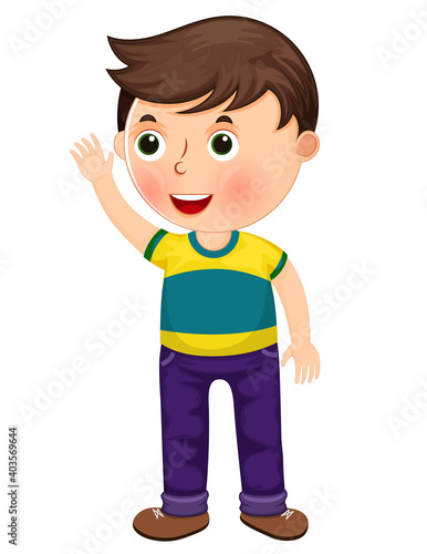 Cute cartoon little boy with a raised hand character illustration