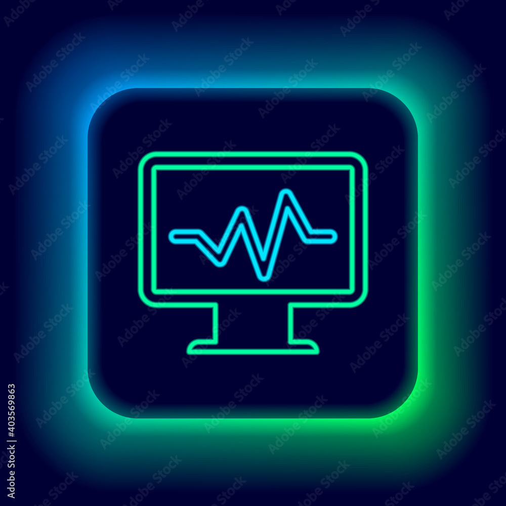 Glowing neon line Computer monitor with cardiogram icon isolated on black background. Monitoring icon. ECG monitor with heart beat hand drawn. Colorful outline concept. Vector. Glowing neon line Computer monitor with cardiogram icon isolated on black background. Monitoring icon. ECG monitor with heart beat hand drawn. Colorful outline concept. Vector.