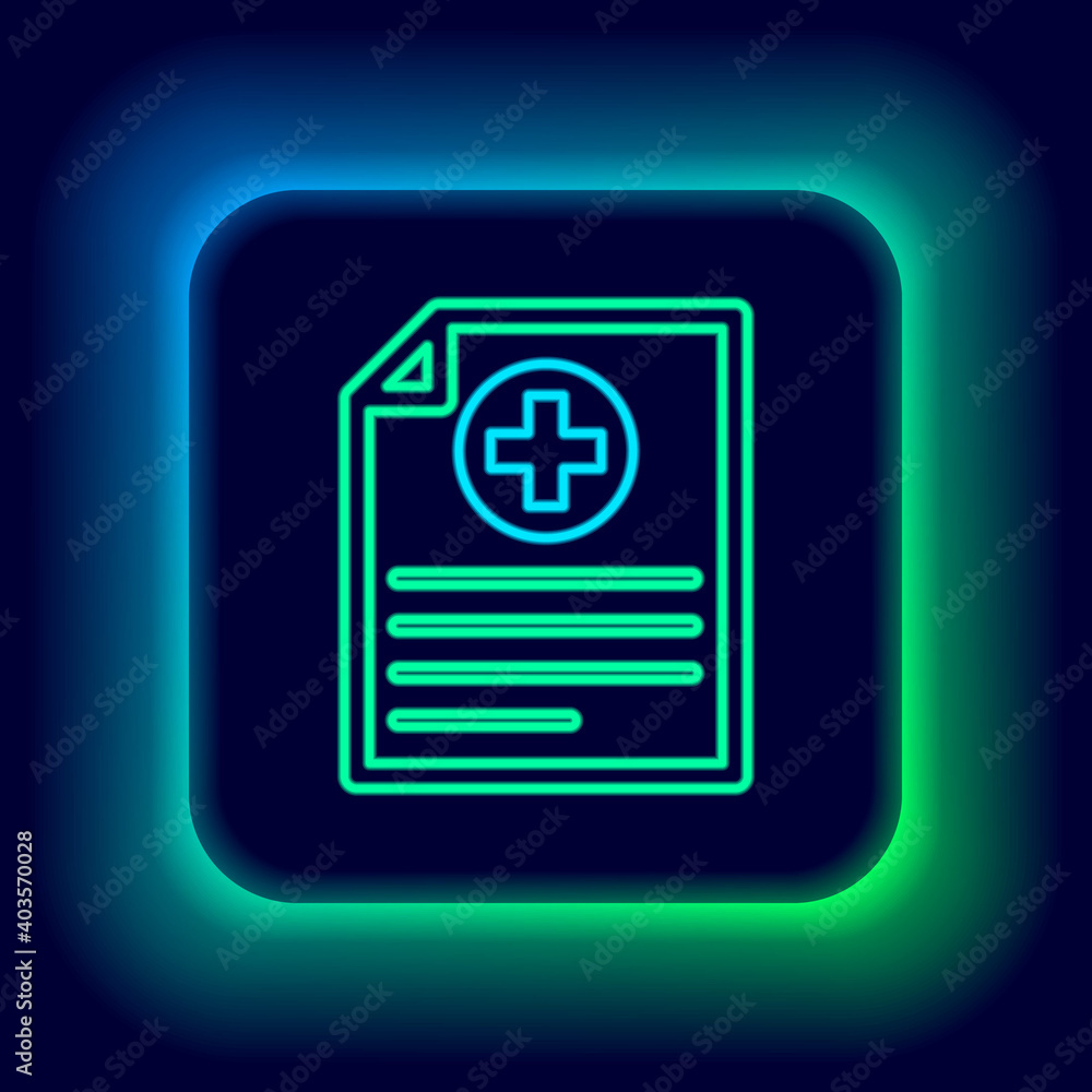 Glowing neon line Medical clipboard with clinical record icon isolated on black background. Health insurance form. Prescription, medical check marks report. Colorful outline concept. Vector. Glowing neon line Medical clipboard with clinical record icon isolated on black background. Health insurance form. Prescription, medical check marks report. Colorful outline concept. Vector.