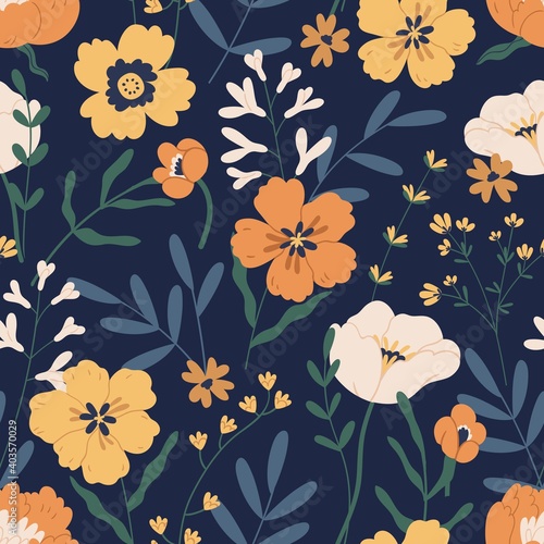 Gorgeous seamless pattern with anemones on black background. Floral design with elegant flowers for printing and decoration. Repeatable botanical backdrop. Colorful flat vector illustration