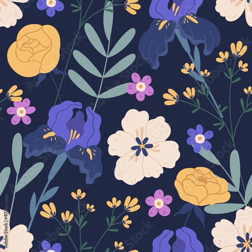 Floral seamless pattern with irises and roses on black background. Design with elegant flowers for printing and decoration. Endless botanical backdrop. Colorful flat vector illustration