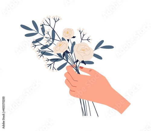 Female hand holding bouquet of delicate white roses and green twigs of eucalyptus isolated on white background. Elegant cut flowers. Beautiful spring or summer gift. Colorful flat vector illustration