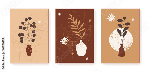 Boho triptych wall decor prints. Bohemian style abstract botanical cards. Printable artistic boho style wall art plant home decor. Earth tones brown neutral colors elegant vector posters, covers