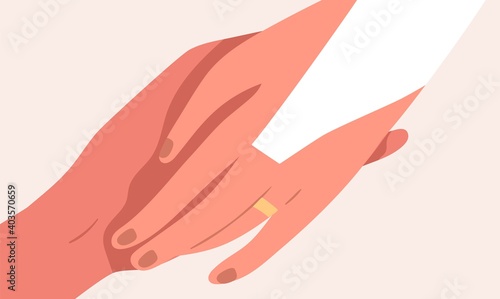 Elegant golden wedding ring on bride finger close up. Newlyweds hands together isolated on beige background. Newly married couple. Flat vector illustration