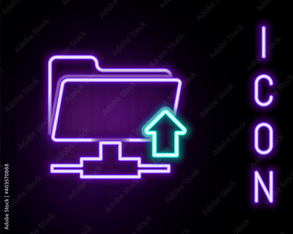 Glowing neon line FTP folder upload icon isolated on black background. Software update, transfer protocol, router, teamwork tool management, copy process. Colorful outline concept. Vector. Glowing neon line FTP folder upload icon isolated on black background. Software update, transfer protocol, router, teamwork tool management, copy process. Colorful outline concept. Vector.