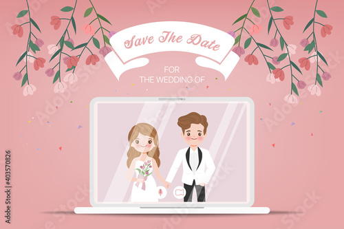 Wedding day in new normal lifestyle with conferencing video call. Cartoon flat vector design.
