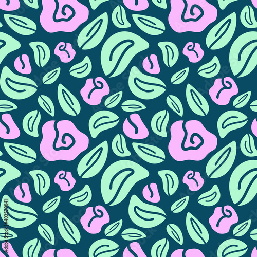 Vector seamless pattern with pastel flowers and leaves on dark blue background. For any kind of surfaces.