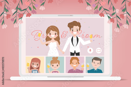 Wedding day in new normal lifestyle with conferencing video call. Cartoon flat vector design.