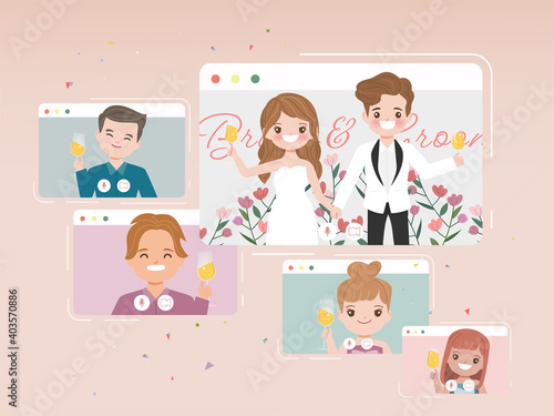 Wedding day in new normal lifestyle with conferencing video call. Cartoon flat vector design.