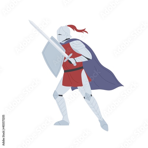 Brave medieval knight in full body armor vector flat illustration. Historical warrior holding sword and shield isolated on white. Ancient soldier, swordsman ready to fight. Fairytale male hero