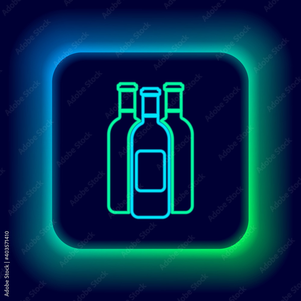 Glowing neon line Bottles of wine icon isolated on black background. Colorful outline concept. Vector. Glowing neon line Bottles of wine icon isolated on black background. Colorful outline concept. Vector.