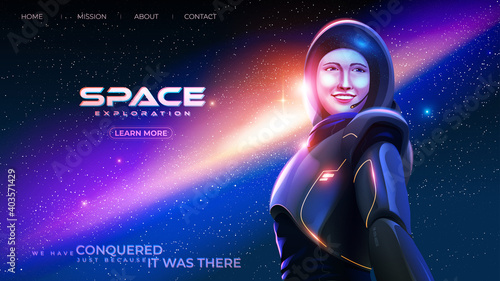 the lady astronaut in a spacesuit is smiling with happiness with the background of the massive universe