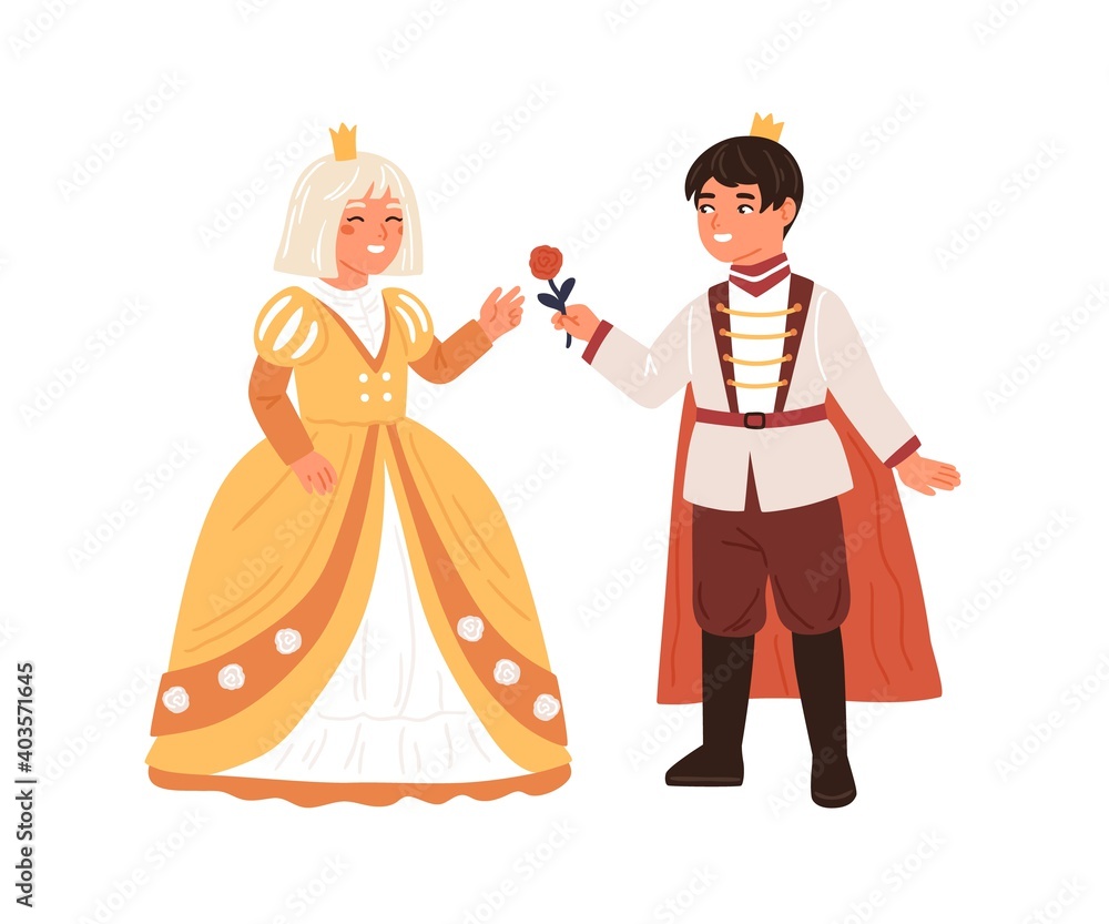 Cute boy in prince costume giving rose to girl in princess gown vector flat illustration. Royal couple at carnival party or ball isolated. Smiling children actors at childish theater performance