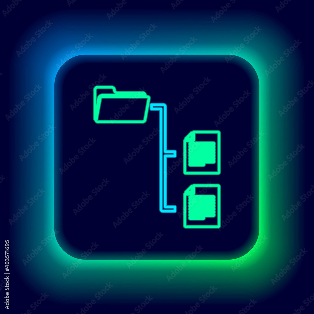 Glowing neon line Folder tree icon isolated on black background. Computer network file folder organization structure flowchart. Colorful outline concept. Vector. Glowing neon line Folder tree icon isolated on black background. Computer network file folder organization structure flowchart. Colorful outline concept. Vector.