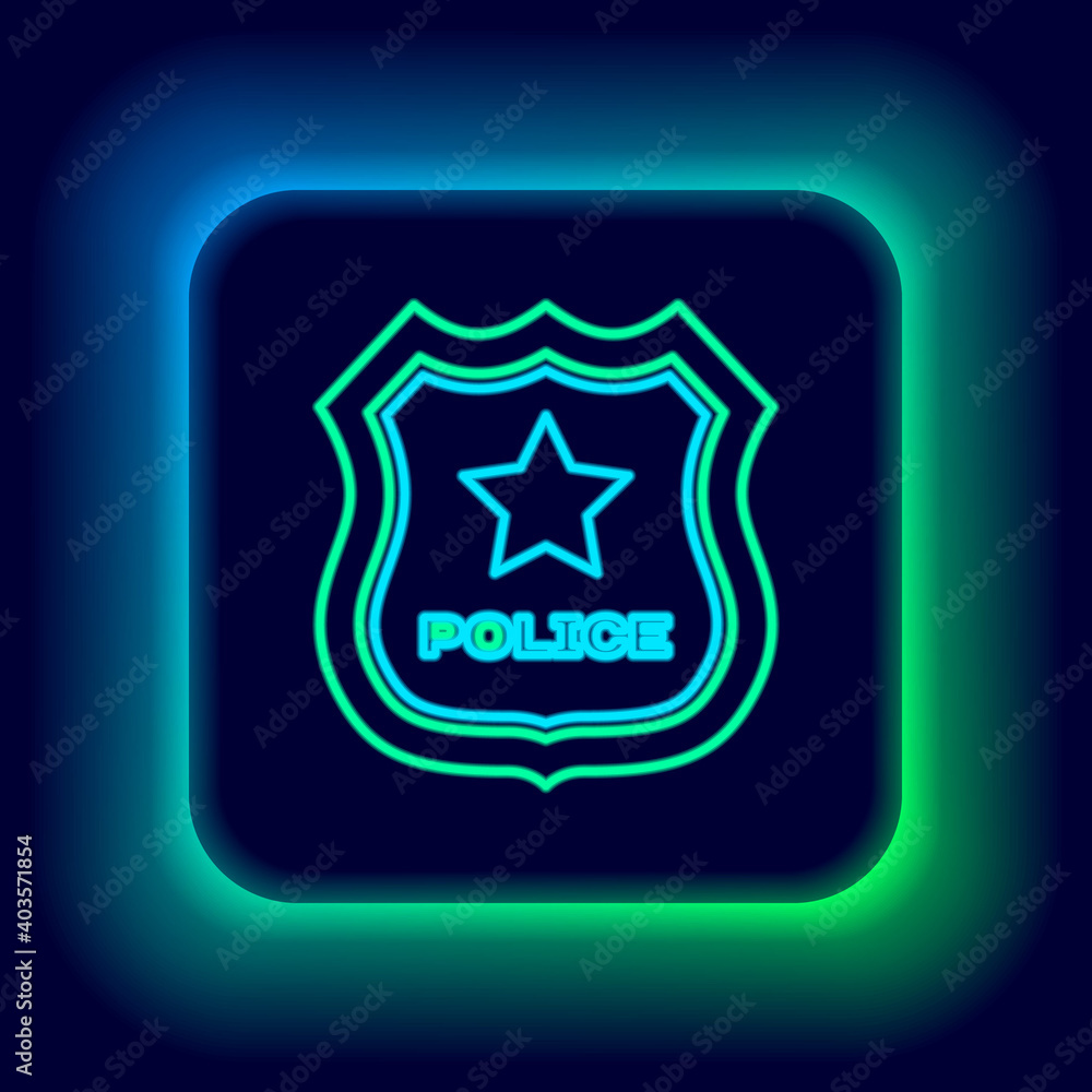 Glowing neon line Police badge icon isolated on black background. Sheriff badge sign. Colorful outline concept. Vector. Glowing neon line Police badge icon isolated on black background. Sheriff badge sign. Colorful outline concept. Vector.