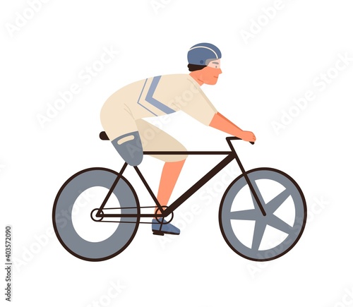 Male disabled athlete with amputated leg ride on bike vector flat illustration. Paralympic sportsman cyclist in protective equipment on bicycle performing sports activity isolated on white background