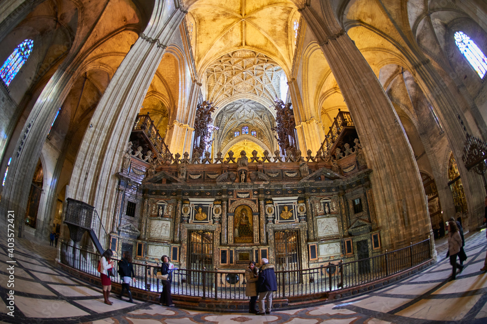 Seville, Andalusia, Spain, Europe. Interior of the Cathedral of Seville, taken with fisheye lens.