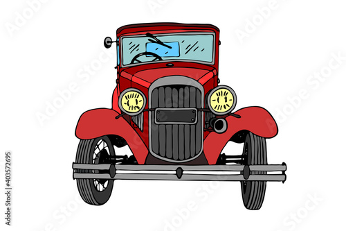 Hand drawn vintage retro red car, doodle sketch graphics vector tracing illustration colorful on white background