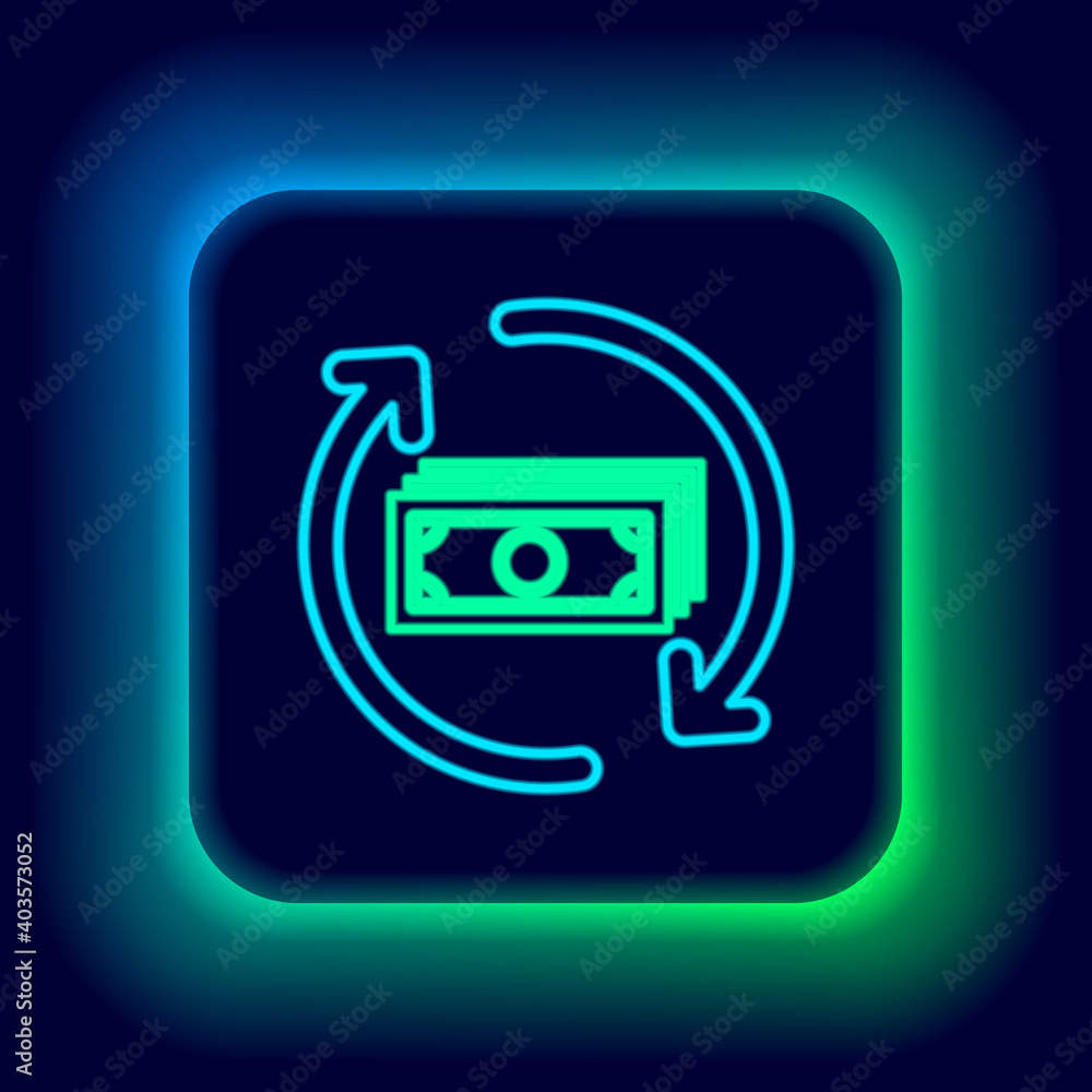 Glowing neon line Refund money icon isolated on black background. Financial services, cash back concept, money refund, return on investment, savings account. Colorful outline concept. Vector. Glowing neon line Refund money icon isolated on black background. Financial services, cash back concept, money refund, return on investment, savings account. Colorful outline concept. Vector.