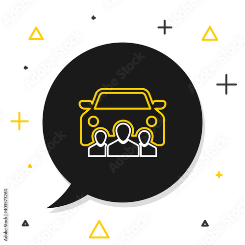 Line Car sharing with group of people icon isolated on white background. Carsharing sign. Transport renting service concept. Colorful outline concept. Vector.