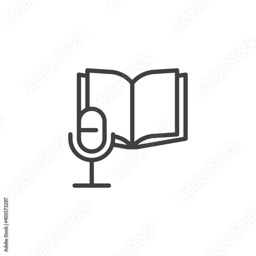 Audio book line icon. linear style sign for mobile concept and web design. Open book and microphone outline vector icon. Symbol, logo illustration. Vector graphics