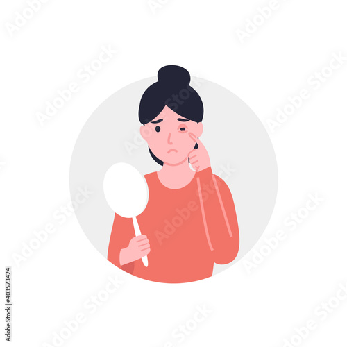 Conjunctivitis or pink eye of woman. Flat vector cartoon illustration.
