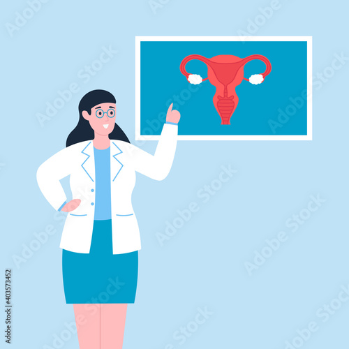 Female doctor gynecologist explaining reproductive system to patient. Flat vector cartoon illustration.