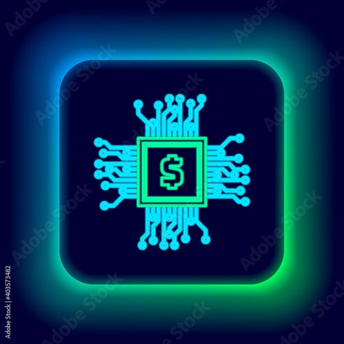 Glowing neon line CPU mining farm icon isolated on black background. Bitcoin sign inside processor. Cryptocurrency mining community. Digital money. Colorful outline concept. Vector.