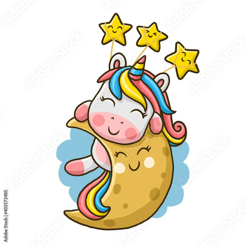 Cute unicorn on the moon isolated on white background.