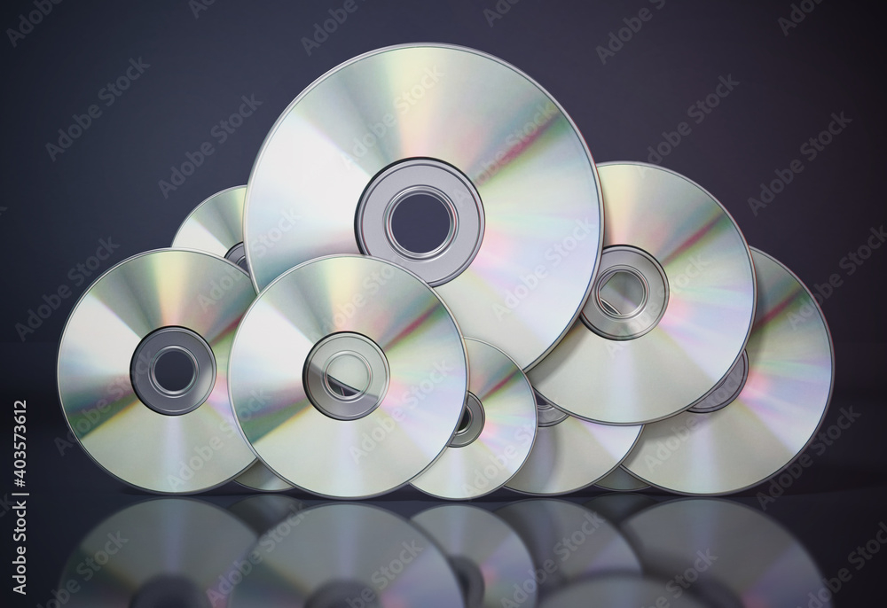 DVD or CD discs arranged as a cloud symbol. Data storage concept. 3D illustration DVD or CD discs arranged as a cloud symbol. Data storage concept. 3D illustration