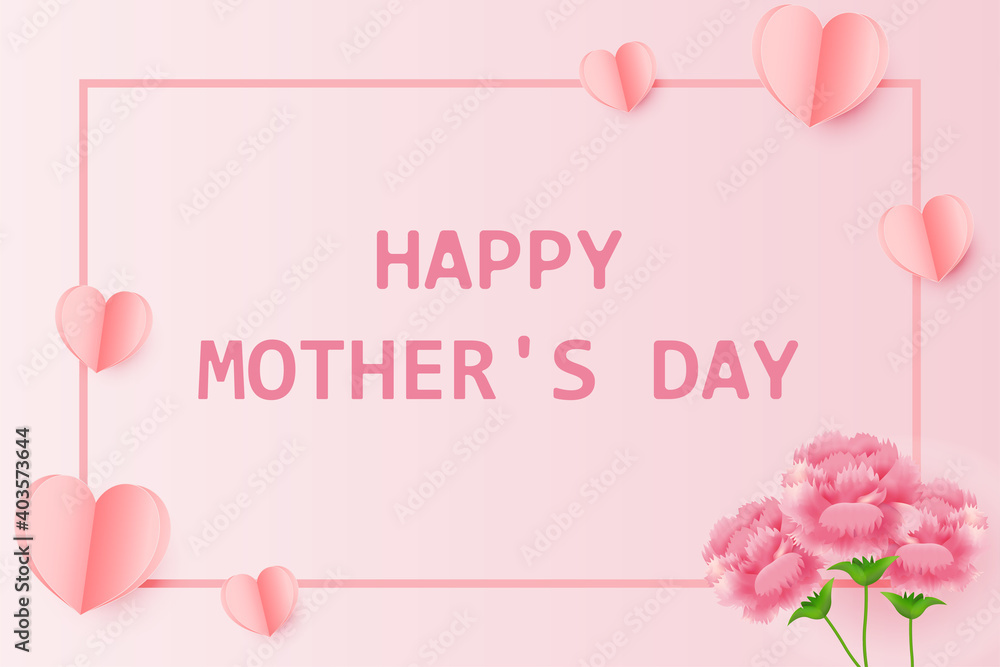 Illustration Greeting Card Happy Mother Day with paper heart and pink carnation , vector