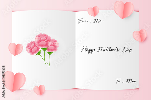 Illustration Greeting Card Happy Mother Day with paper heart and pink carnation , vector © bellie