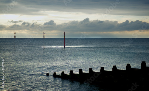 shoreham beach with cormorants on water