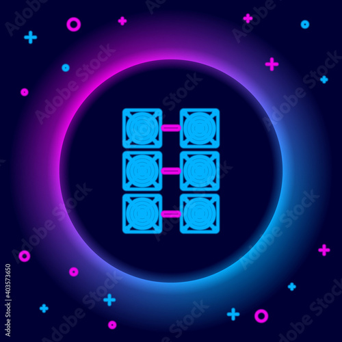 Glowing neon line Mining farm icon isolated on black background. Cryptocurrency mining, blockchain technology, bitcoin, digital money market, cryptocoin wallet. Colorful outline concept. Vector.