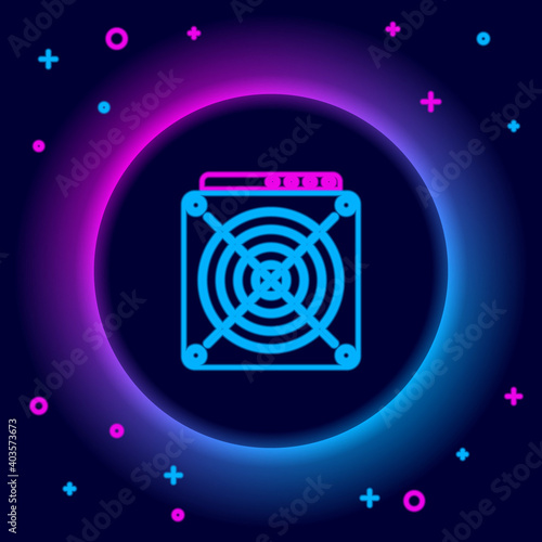 Glowing neon line ASIC Miner icon isolated on black background. Cryptocurrency mining equipment and hardware. Application specific integrated circuit. Colorful outline concept. Vector.