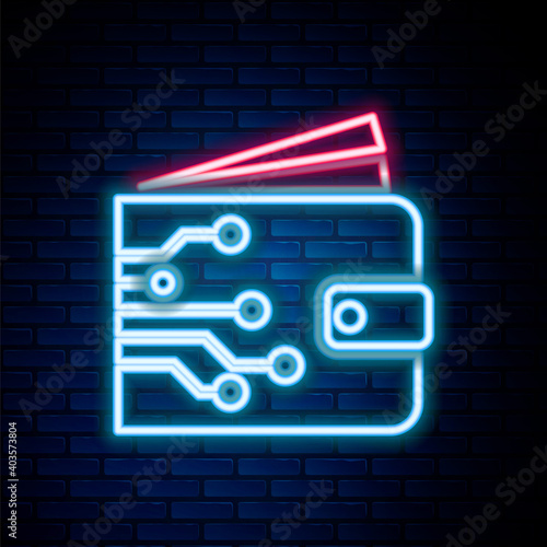 Glowing neon line Cryptocurrency wallet icon isolated on brick wall background. Wallet and bitcoin sign. Mining concept. Money, payment, cash, pay icon. Colorful outline concept. Vector.