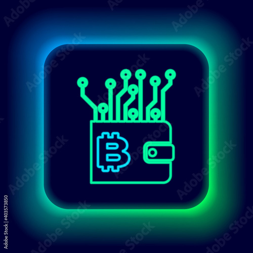 Glowing neon line Cryptocurrency wallet icon isolated on black background. Wallet and bitcoin sign. Mining concept. Money, payment, cash, pay icon. Colorful outline concept. Vector.