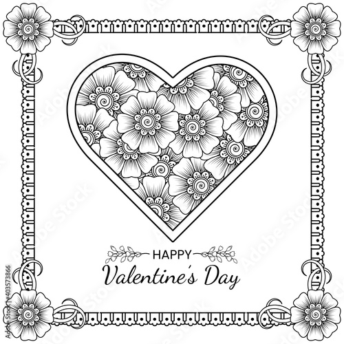 Hand drawn valentines day greeting card or banner with mehndi flower. decoration in ethnic oriental, doodle ornament. outline hand draw illustration.  