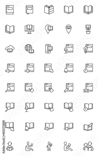 Reading book line icons set. Knowledge education linear style symbols collection, outline signs pack. E-learning vector graphics. Set includes icons as ebook, audiobook, book with bookmark, textbook